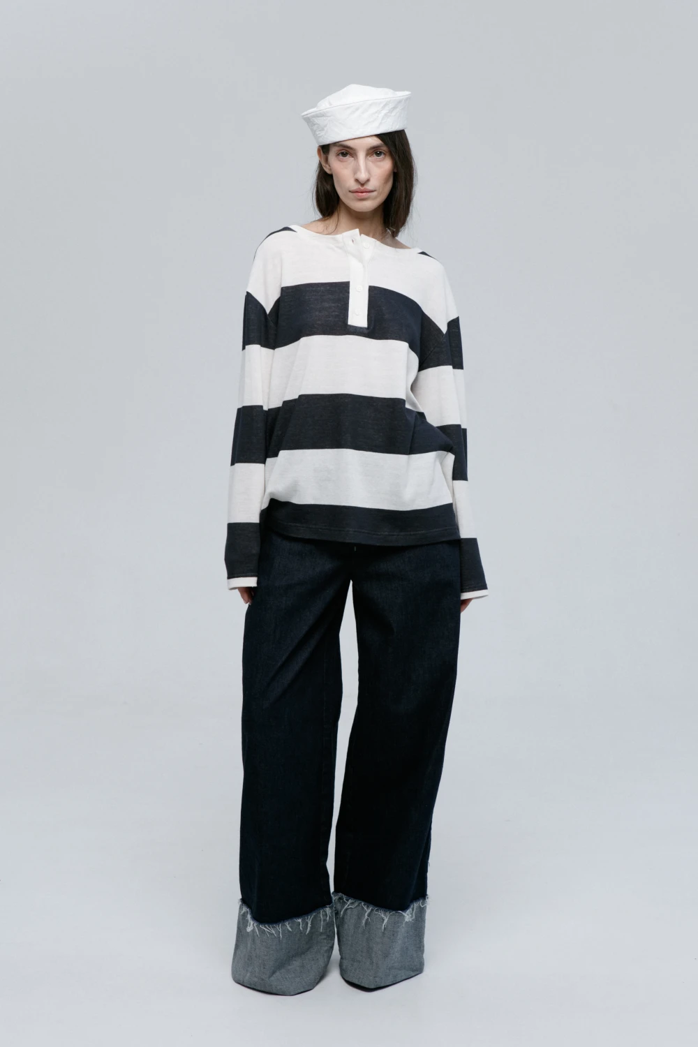 Лонгслив Boyfriend (Цвет Бело-синяя полоска, Размер 44/S, Состав 70% Хлопок, 28% Кашемир, 2% Полиамид)