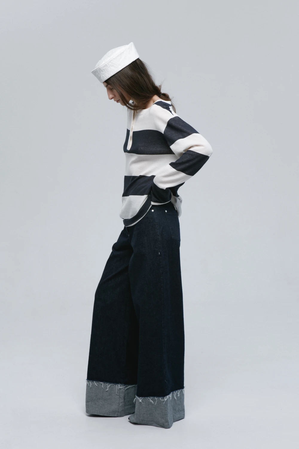 Лонгслив Boyfriend (Цвет Бело-синяя полоска, Размер 44/S, Состав 70% Хлопок, 28% Кашемир, 2% Полиамид)