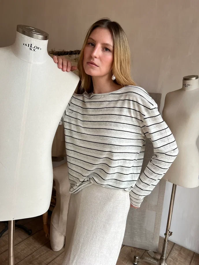 Лонгслив Dad's (Цвет Серо-белая полоска, Размер 50/XL, Состав 100% лён)